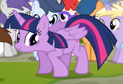 Size: 763x523 | Tagged: safe, screencap, character:twilight sparkle, character:twilight sparkle (alicorn), character:twist, species:alicorn, species:pony, episode:twilight time, g4, my little pony: friendship is magic, cropped, crouching, cute, smiling, solo focus, twiabetes, wings