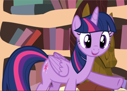 Size: 1316x940 | Tagged: safe, screencap, character:twilight sparkle, character:twilight sparkle (alicorn), species:alicorn, species:pony, episode:twilight time, g4, my little pony: friendship is magic, cropped, golden oaks library, pointing, smiling