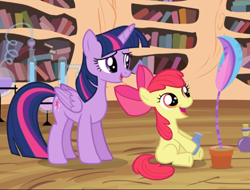 Size: 1067x812 | Tagged: safe, screencap, character:apple bloom, character:twilight sparkle, character:twilight sparkle (alicorn), species:alicorn, species:earth pony, species:pony, episode:twilight time, g4, my little pony: friendship is magic, big smile, cropped, female, filly, flower, flower pot, foal, golden oaks library, mare, potion making, proud, sitting, smiling, success, teaching
