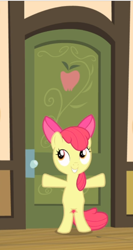Size: 466x879 | Tagged: safe, screencap, character:apple bloom, species:earth pony, species:pony, episode:somepony to watch over me, g4, my little pony: friendship is magic, adorabloom, bipedal, blocking, bow, cropped, cute, door, female, filly, hair bow, smiling, solo