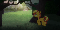 Size: 1280x642 | Tagged: safe, artist:minty root, screencap, character:moondancer, character:sunset shimmer, species:pony, species:unicorn, female, hiding, mare, park, self ponidox, the fall of sunset shimmer: animated film, tree
