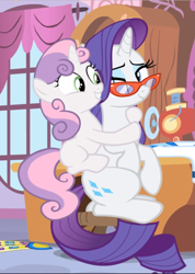 Size: 669x940 | Tagged: safe, screencap, character:rarity, character:sweetie belle, species:pony, species:unicorn, episode:for whom the sweetie belle toils, blank flank, cropped, female, filly, glasses, hug, lidded eyes, looking at each other, looking back, mare, sisters, sitting, smiling