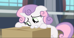 Size: 1612x843 | Tagged: safe, screencap, character:sweetie belle, species:pony, species:unicorn, episode:for whom the sweetie belle toils, box, cardboard box, cropped, female, filly, floppy ears, foal, leaning, regret, sad, solo, teeth