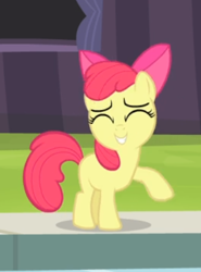 Size: 342x461 | Tagged: safe, screencap, character:apple bloom, species:earth pony, species:pony, episode:leap of faith, g4, my little pony: friendship is magic, adorabloom, cropped, cute, eyes closed, female, filly, raised hoof, sassy, smiling, solo