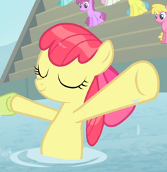 Size: 758x780 | Tagged: safe, screencap, character:apple bloom, species:earth pony, species:pony, episode:leap of faith, g4, my little pony: friendship is magic, bow, cropped, eyes closed, female, filly, hair bow, holding hooves, offscreen character, smiling, solo focus, swimming, underhoof, wet mane