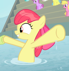 Size: 794x812 | Tagged: safe, screencap, character:apple bloom, character:berry punch, character:berryshine, character:granny smith, species:earth pony, species:pony, episode:leap of faith, g4, my little pony: friendship is magic, adorabloom, bow, cropped, cute, female, filly, hair bow, holding hooves, hooves in air, smiling, swimming, underhoof, wet mane