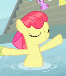 Size: 696x798 | Tagged: safe, screencap, character:apple bloom, species:earth pony, species:pony, episode:leap of faith, g4, my little pony: friendship is magic, bow, cropped, eyes closed, female, filly, hair bow, holding hooves, offscreen character, smiling, solo focus, swimming, underhoof, wet, wet mane