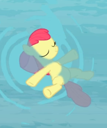Size: 382x454 | Tagged: safe, screencap, character:apple bloom, species:earth pony, species:pony, episode:leap of faith, g4, my little pony: friendship is magic, bow, cropped, eyes closed, female, filly, hair bow, smiling, solo, swimming, underhoof, water
