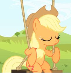 Size: 914x940 | Tagged: safe, screencap, character:applejack, species:earth pony, species:pony, episode:leap of faith, g4, my little pony: friendship is magic, cropped, eyes closed, female, freckles, mare, sitting, solo, swing, swinging