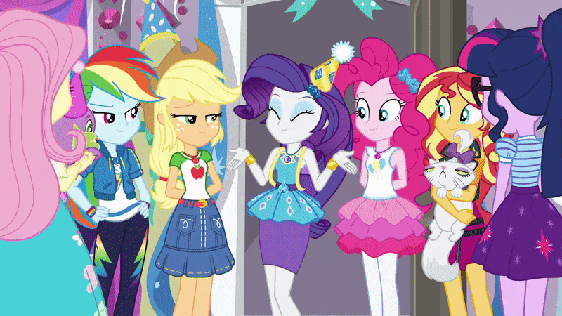 Size: 800x450 | Tagged: safe, screencap, character:applejack, character:fluttershy, character:opalescence, character:pinkie pie, character:rainbow dash, character:rarity, character:spike, character:spike (dog), character:sunset shimmer, character:twilight sparkle, character:twilight sparkle (scitwi), species:dog, species:eqg human, episode:fomo, g4, my little pony:equestria girls, :3, animated, blushing, cat, female, gang hape, geode of shielding, geode of sugar bombs, geode of super speed, geode of super strength, group hug, hape, hug, humane five, humane seven, humane six, magical geodes, personal space invasion, rarity's bedroom