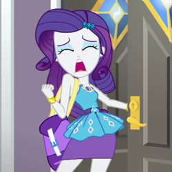 Size: 795x795 | Tagged: safe, screencap, character:rarity, episode:fomo, g4, my little pony:equestria girls, bracelet, clothing, cropped, door, female, geode of shielding, jewelry, magical geodes, marshmelodrama, open mouth, pencil skirt, purse, rarity being rarity, skirt