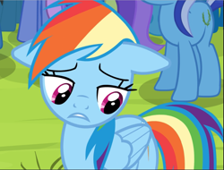 Size: 1237x940 | Tagged: safe, screencap, character:minuette, character:rainbow dash, species:pegasus, species:pony, species:unicorn, episode:trade ya, g4, my little pony: friendship is magic, cropped, female, floppy ears, mare, offscreen character, regret, sad, solo focus