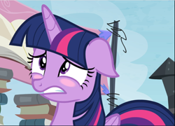 Size: 1310x942 | Tagged: safe, screencap, character:twilight sparkle, character:twilight sparkle (alicorn), species:alicorn, species:pony, episode:trade ya, g4, my little pony: friendship is magic, blushing, book, cropped, embarrassed, floppy ears, solo, teeth