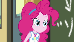 Size: 1280x720 | Tagged: safe, screencap, character:pinkie pie, episode:schedule swap, g4, my little pony:equestria girls, chalkboard, classroom, confused, solo