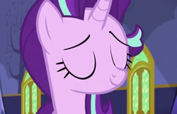 Size: 1024x665 | Tagged: safe, screencap, character:starlight glimmer, species:pony, episode:every little thing she does, g4, my little pony: friendship is magic, eyes closed, smiling, smug, smuglight glimmer