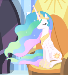 Size: 854x941 | Tagged: safe, screencap, character:princess celestia, species:pony, episode:equestria games, g4, my little pony: friendship is magic, chair, cropped, crown, ethereal mane, eyes closed, jewelry, regalia, sitting, solo