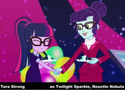Size: 1440x1038 | Tagged: safe, screencap, character:rosette nebula, character:twilight sparkle, character:twilight sparkle (scitwi), species:eqg human, episode:twilight under the stars, g4, my little pony:equestria girls, clothing, credits, end credits, exploitable meme, glasses, hair bun, handshake, meme, ponytail, same voice actor, skirt, skirt suit, suit, tara strong, voice actors