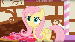 Size: 1674x935 | Tagged: safe, artist:forgalorga, screencap, character:fluttershy, species:pony, :i, fluttershy is not amused, pony and magical artifact, puffy cheeks, solo, unamused, youtube link