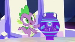 Size: 1280x720 | Tagged: safe, screencap, character:spike, species:alicorn, species:dragon, species:pony, episode:the crystalling, g4, my little pony: friendship is magic, crystal heart, male, season 6, solo, vase