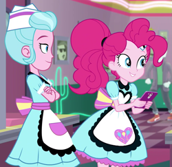 Size: 995x969 | Tagged: safe, screencap, character:pinkie pie, episode:five stars, g4, my little pony:equestria girls, cellphone, cropped, phone, server pinkie pie, smartphone, sunny sugarsocks