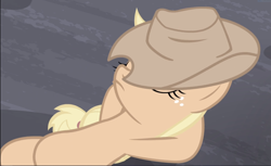 Size: 1530x937 | Tagged: safe, screencap, character:applejack, species:earth pony, species:pony, episode:the cutie map, g4, my little pony: friendship is magic, applejack's hat, arm behind head, clothing, cowboy hat, equalized, eyes closed, female, freckles, frown, hat, hat over eyes, hooves behind head, lying down, mare, ponytail, resting, solo, stetson