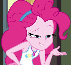 Size: 1187x1077 | Tagged: safe, screencap, character:pinkie pie, episode:schedule swap, g4, my little pony:equestria girls, cropped, geode of sugar bombs, lidded eyes, magical geodes, solo
