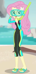 Size: 343x708 | Tagged: safe, screencap, character:fluttershy, episode:unsolved selfie mysteries, g4, my little pony:equestria girls, beach, clothing, cropped, cute, diving goggles, diving suit, feet, flip-flops, geode of fauna, magical geodes, ocean, sandals, shorts, shyabetes, snorkel, solo, swimsuit, wetsuit
