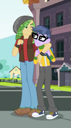 Size: 297x534 | Tagged: safe, screencap, character:microchips, character:sandalwood, episode:fomo, g4, my little pony:equestria girls, canterlot high, clothing, converse, cropped, glasses, pants, shoes, smiling, sneakers
