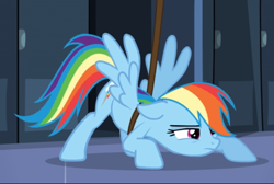 Size: 833x559 | Tagged: safe, screencap, character:rainbow dash, species:pegasus, species:pony, episode:tanks for the memories, g4, my little pony: friendship is magic, cropped, crouching, female, floppy ears, mare, solo, spread wings, wings