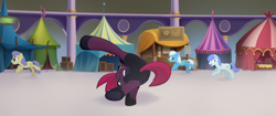 Size: 1920x804 | Tagged: safe, screencap, character:tempest shadow, species:pony, species:unicorn, my little pony: the movie (2017), acrobatics, airship, armor, background pony, broken horn, eye scar, female, hoof shoes, horn, jumping, male, mare, market, mohawk, obsidian orb, scar, stallion, tent, underhoof, unnamed pony
