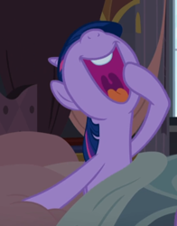 Size: 550x703 | Tagged: safe, screencap, character:twilight sparkle, character:twilight sparkle (alicorn), species:alicorn, species:pony, episode:princess spike, g4, my little pony: friendship is magic, bed, cropped, cute, nose in the air, open mouth, solo, twiabetes, uvula, waking up, yawn