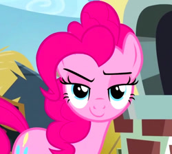 Size: 802x720 | Tagged: safe, screencap, character:pinkie pie, species:earth pony, species:pony, episode:the lost treasure of griffonstone, g4, my little pony: friendship is magic, amused, cropped, cute, cutie mark, female, griffonstone, knowing, lidded eyes, looking at you, mare, smiling, smirk, solo
