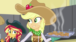 Size: 1920x1080 | Tagged: safe, screencap, character:applejack, character:sunset shimmer, equestria girls:dance magic, g4, my little pony:equestria girls, apple fritter (food), baking, baking sheet, clothing, cowboy hat, cowgirl, cute, discovery family logo, food, hat, imagine spot, jackabetes, oven mitt, oven mitts, shimmerbetes, smiling, stetson