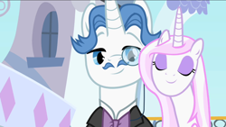 Size: 1136x640 | Tagged: safe, screencap, character:fancypants, character:fleur-de-lis, species:pony, species:unicorn, episode:sweet and elite, g4, my little pony: friendship is magic, eyes closed, smiling