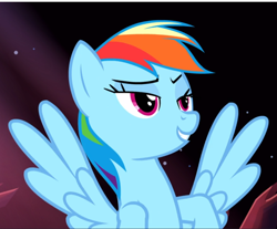 Size: 1144x946 | Tagged: safe, screencap, character:rainbow dash, species:pegasus, species:pony, episode:do princesses dream of magic sheep?, cropped, female, lidded eyes, mare, raised eyebrow, smiling, smirk, smug, solo, spread wings, wings