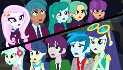 Size: 1263x720 | Tagged: safe, screencap, character:blueberry cake, character:bon bon, character:cold forecast, character:fleur-de-lis, character:ginger owlseye, character:indigo wreath, character:lyra heartstrings, character:sweetie drops, equestria girls:friendship games, g4, my little pony:equestria girls, acadeca, background human, blueberry cake, carlos thunderbolt, clothing, crystal prep academy, crystal prep academy uniform, female, garden grove, indigo wreath, male, school uniform, split screen, thunderbass