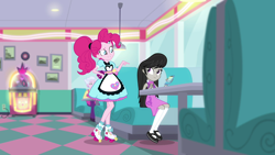 Size: 1920x1080 | Tagged: safe, screencap, character:octavia melody, character:pinkie pie, episode:five stars, g4, my little pony:equestria girls, background human, cellphone, female, food, phone, pie, ponytail, server pinkie pie