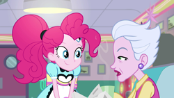 Size: 1920x1080 | Tagged: safe, screencap, character:pinkie pie, episode:five stars, g4, my little pony:equestria girls, apron, clothing, coffee, cute, diapinkes, ear piercing, earring, jewelry, newspaper, piercing, server pinkie pie, sour persimmon