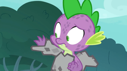 Size: 1280x720 | Tagged: safe, screencap, character:spike, species:dragon, episode:molt down, g4, my little pony: friendship is magic, season 8, claws, male, molting, solo, stone