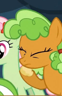 Size: 251x388 | Tagged: safe, screencap, character:apple brown betty, character:florina tart, episode:apple family reunion, g4, my little pony: friendship is magic, animated, apple family member, apple fritter (food), chewing, eating, nom
