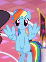 Size: 698x939 | Tagged: safe, screencap, character:rainbow dash, species:pegasus, species:pony, episode:rarity investigates, g4, my little pony: friendship is magic, cropped, female, flying, mare, offscreen character, solo focus, spread wings, wings