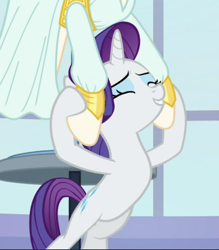 Size: 666x761 | Tagged: safe, screencap, character:rarity, species:pony, species:unicorn, episode:rarity investigates, g4, my little pony: friendship is magic, bipedal, clothing, cropped, dress, eyes closed, female, mannequin, mare, smiling, solo