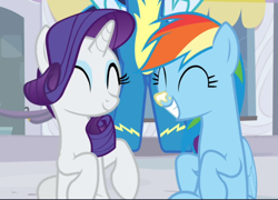Size: 1086x782 | Tagged: safe, screencap, character:rainbow dash, character:rarity, character:soarin', species:pegasus, species:pony, species:unicorn, episode:rarity investigates, g4, my little pony: friendship is magic, cropped, cute, dashabetes, duo focus, eyes closed, female, mare, offscreen character, raribetes, sitting, smiling, sunscreen