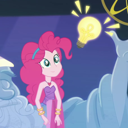 Size: 908x908 | Tagged: safe, screencap, character:pinkie pie, character:star swirl the bearded, episode:twilight under the stars, g4, my little pony:equestria girls, bare shoulders, cropped, light bulb, sleeveless, strapless