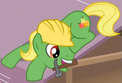 Size: 541x373 | Tagged: safe, screencap, character:wensley, species:earth pony, species:pony, episode:apple family reunion, g4, my little pony: friendship is magic, apple family member, background pony, hammer, hard hat, hat, male, mouth hold, prone, smiling, solo, stallion