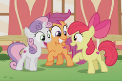 Size: 1296x868 | Tagged: safe, screencap, character:apple bloom, character:scootaloo, character:sweetie belle, species:earth pony, species:pegasus, species:pony, species:unicorn, episode:crusaders of the lost mark, g4, my little pony: friendship is magic, bow, cropped, cutie mark, cutie mark crusaders, excited, female, filly, hair bow, it happened, looking at each other, open mouth, raised hoof, smiling, the cmc's cutie marks, trio