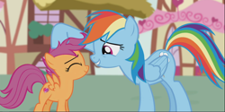 Size: 1668x831 | Tagged: safe, screencap, character:rainbow dash, character:scootaloo, species:pegasus, species:pony, episode:crusaders of the lost mark, g4, my little pony: friendship is magic, cute, duo, eyes closed, female, filly, mare, messy mane, petting, raised hoof, scootalove, smiling