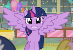 Size: 1026x705 | Tagged: safe, screencap, character:twilight sparkle, character:twilight sparkle (alicorn), species:alicorn, species:pony, episode:the one where pinkie pie knows, g4, my little pony: friendship is magic, cropped, cute, lip bite, looking at you, smiling, solo focus, spread wings, twiabetes, wings