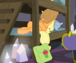 Size: 442x367 | Tagged: safe, screencap, character:applejack, species:earth pony, species:pony, episode:hearthbreakers, g4, my little pony: friendship is magic, bed, bunk bed, cropped, female, hat over eyes, laying on bed, lying down, mare, pillow, saddle bag, solo