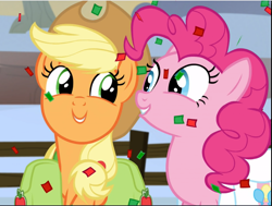 Size: 1245x943 | Tagged: safe, screencap, character:applejack, character:pinkie pie, species:earth pony, species:pony, episode:hearthbreakers, g4, my little pony: friendship is magic, confetti, cropped, cute, diapinkes, duo, female, jackabetes, looking at each other, mare, saddle bag, smiling